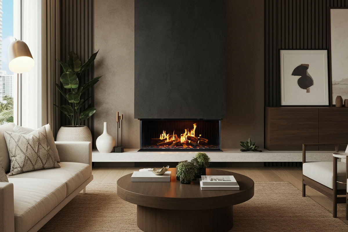 Solus iX10 electric fire with glass sides beneath a dark chimney breast above a pale hearth