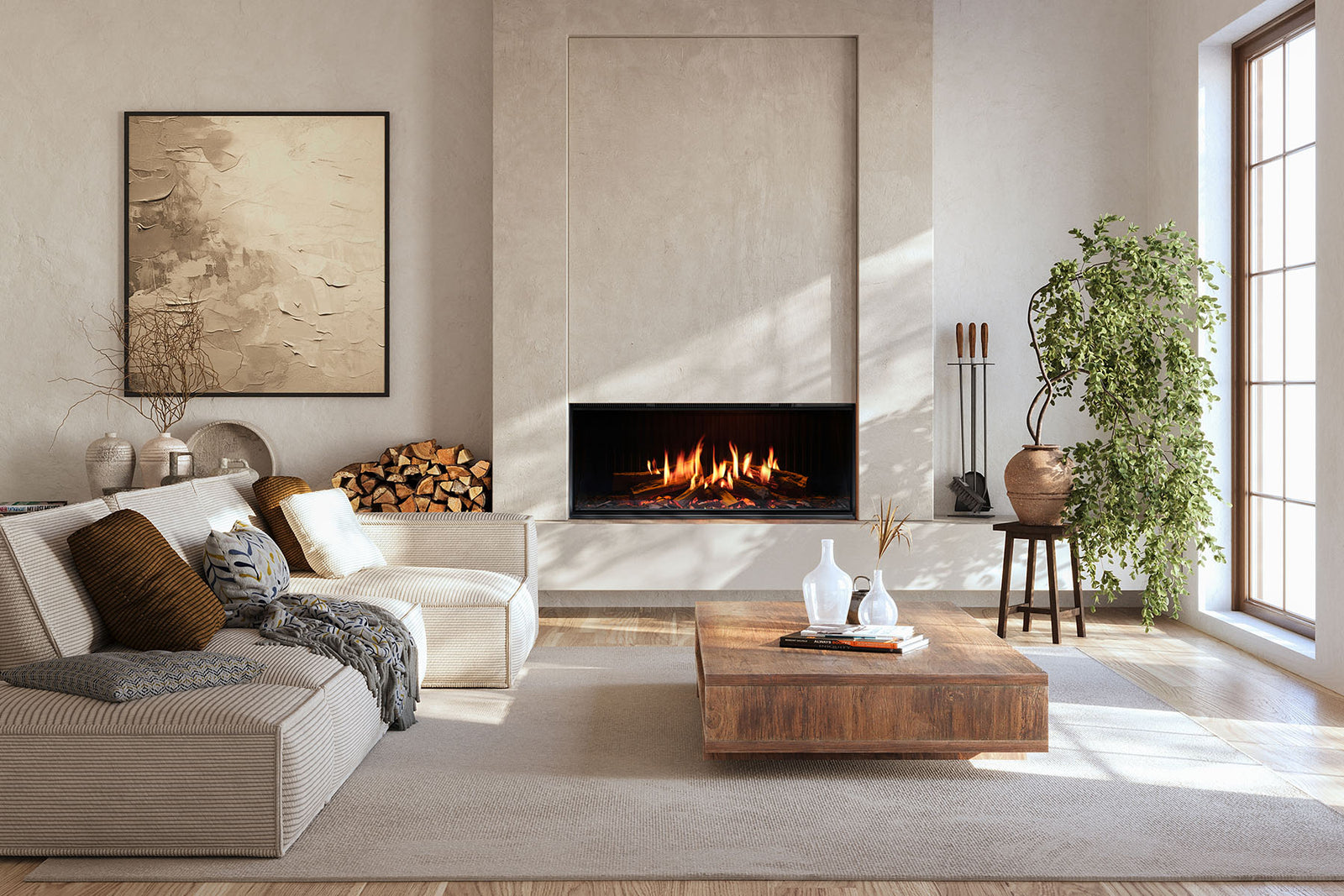 Solus iX10 electric fire inset into a pale living room wall beside stacked logs
