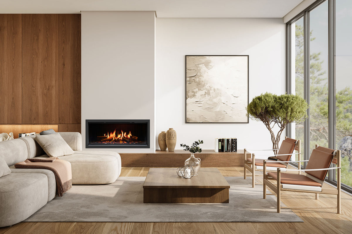 Solus iX10 electric fire with a wide dark trim in a white chimney breast above a wooden bench