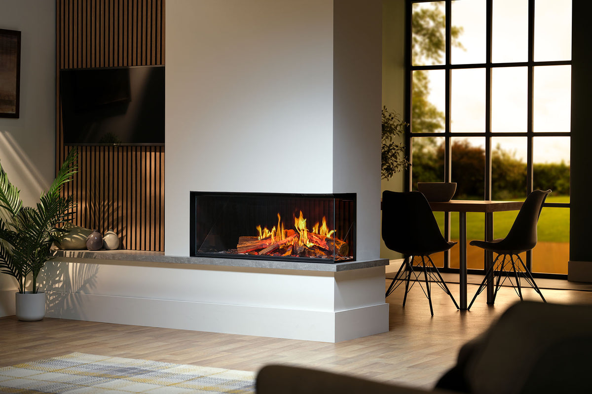 Solus iX10 electric fire with a glass right side in a white partition beside a dining area