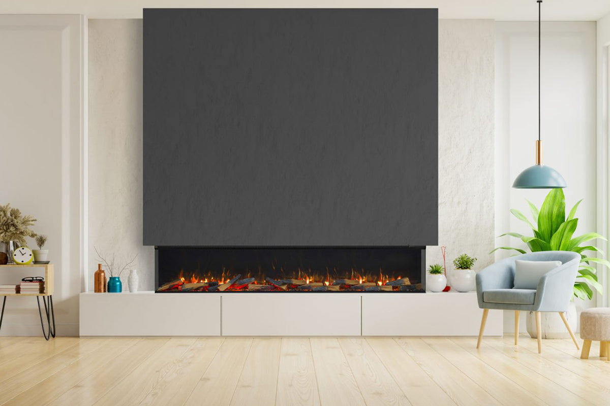 Solus VS220 electric fire beneath a dark grey chimney breast above white cupboards