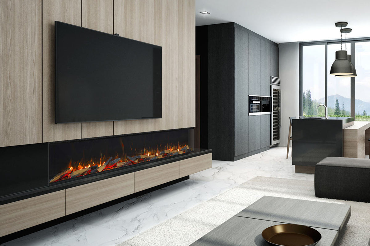 Solus VS220 electric fire beneath a television in a wood-panelled media wall beside an open-plan kitchen
