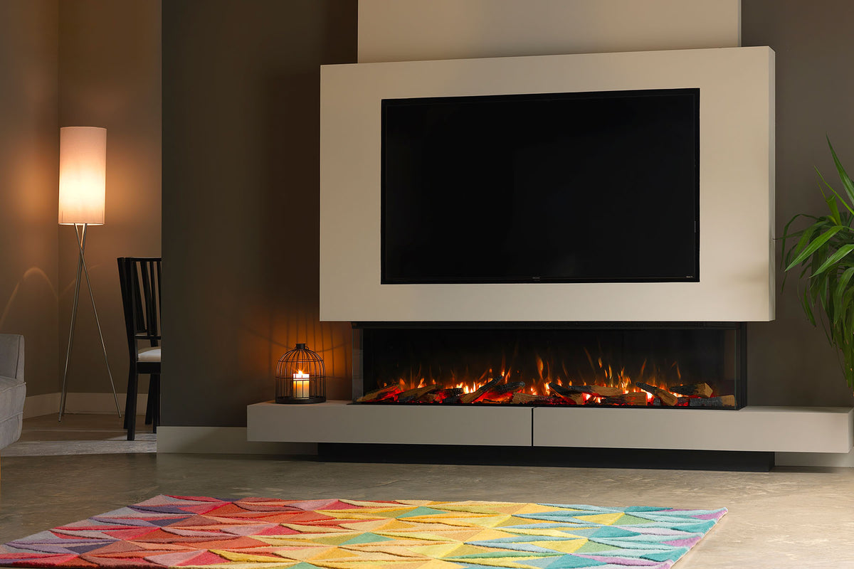 Solus VS180 electric fire with glass sides beneath a television in a white media unit