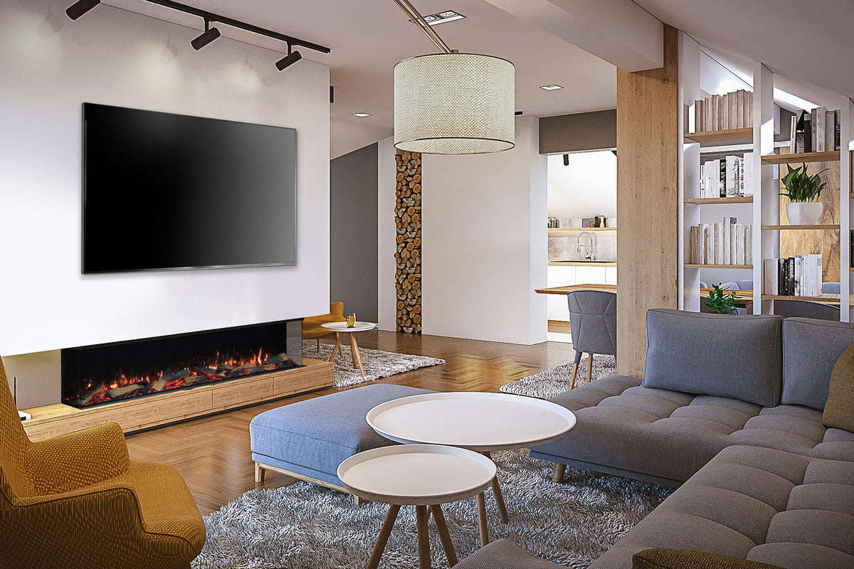 Solus VS180 electric fire above wooden drawers beneath a television in an open-plan living room