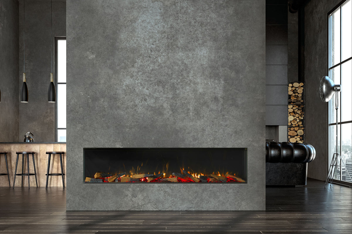 Solus VS180 electric fire inset into a grey partition in an open-plan room