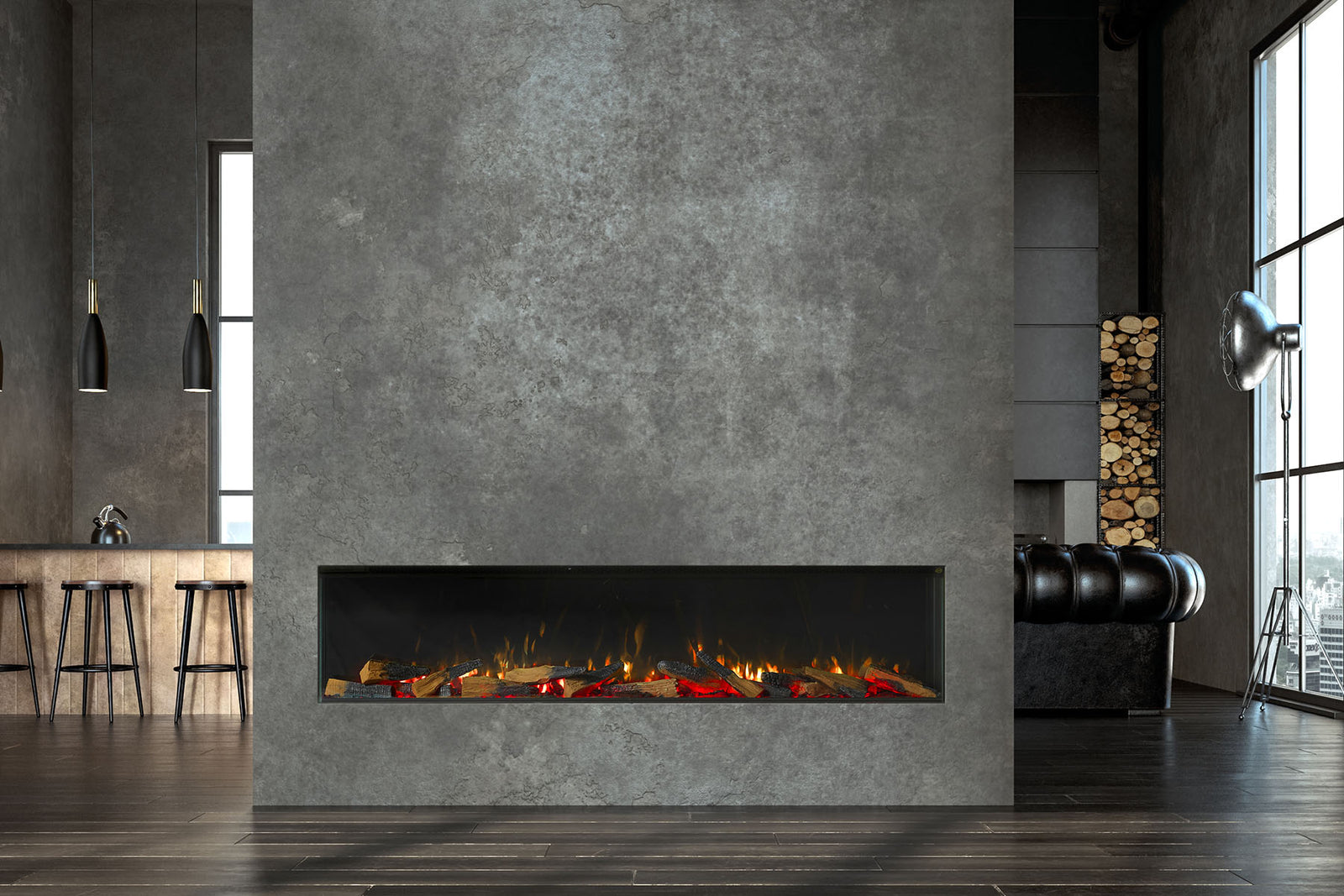 Solus VS180 electric fire inset into a grey partition in an open-plan room