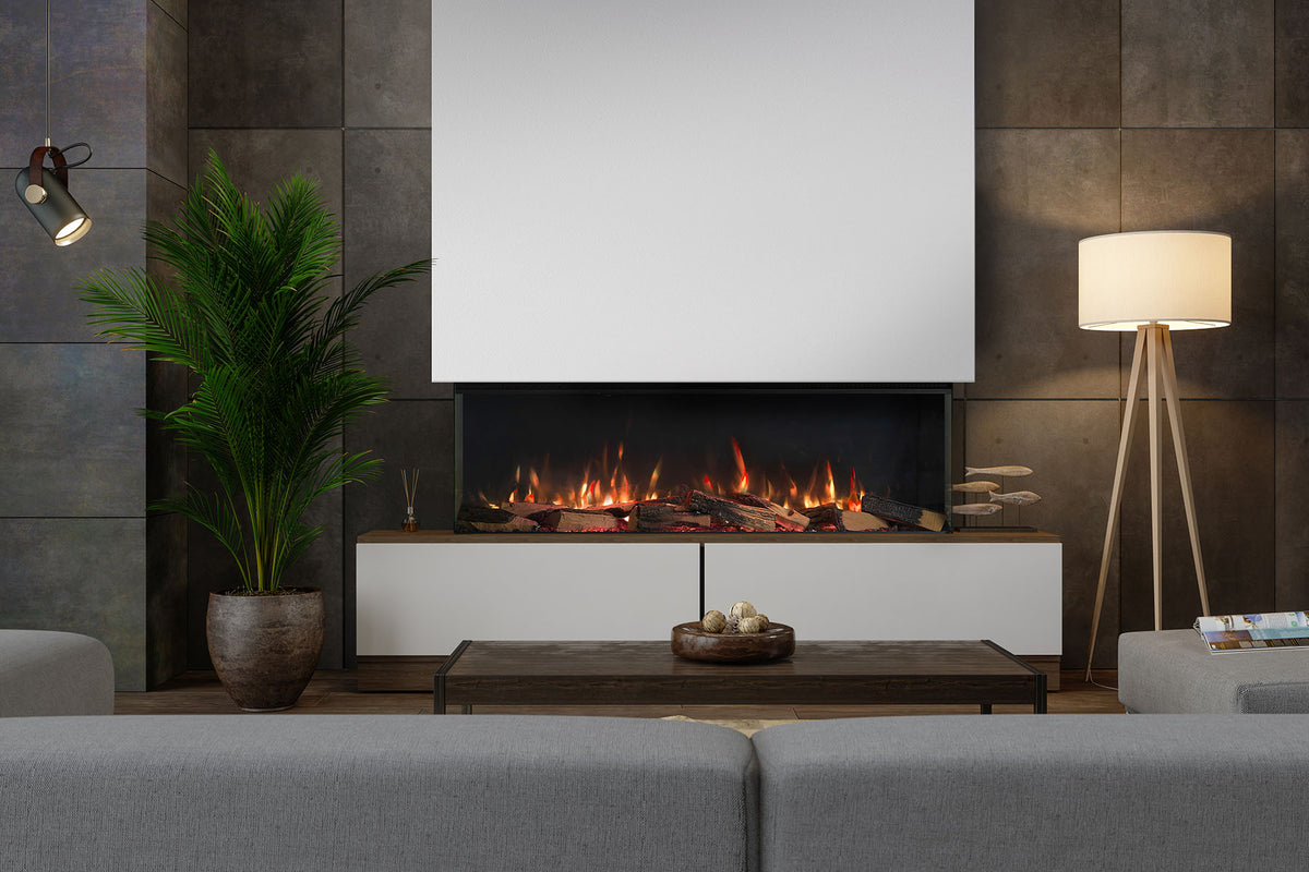 Solus VS130 electric fire with glass sides above white cabinets beneath a white chimney breast