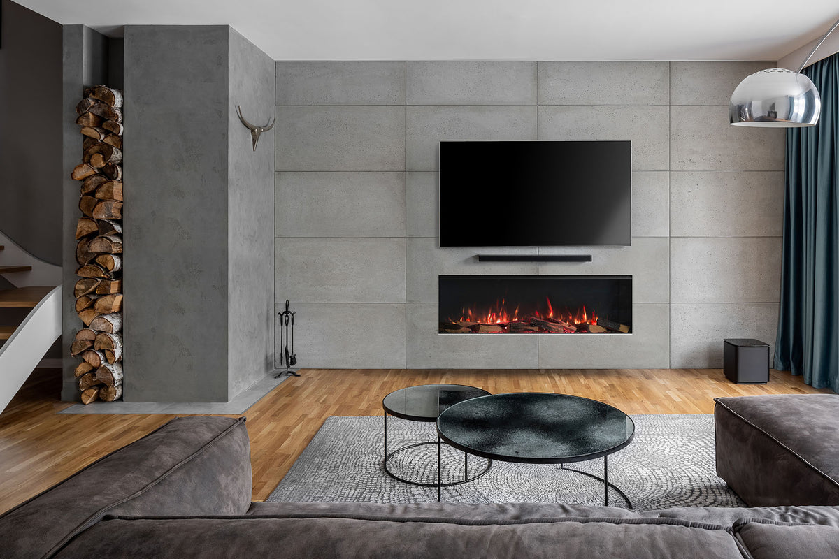 Solus VS130 electric fire inset into a grey tiled media wall beneath a television and soundbar