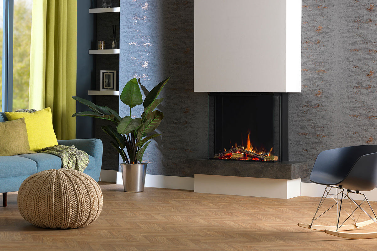 Solus VS75 electric fire with glass sides above a dark floating hearth in a blue and yellow living room