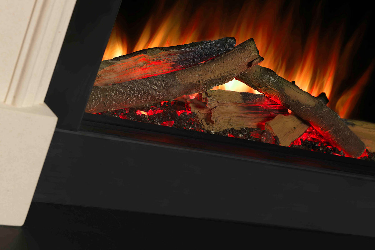 Angled close-up of the Solus VS75 glowing log bed within a dark trim and cream surround