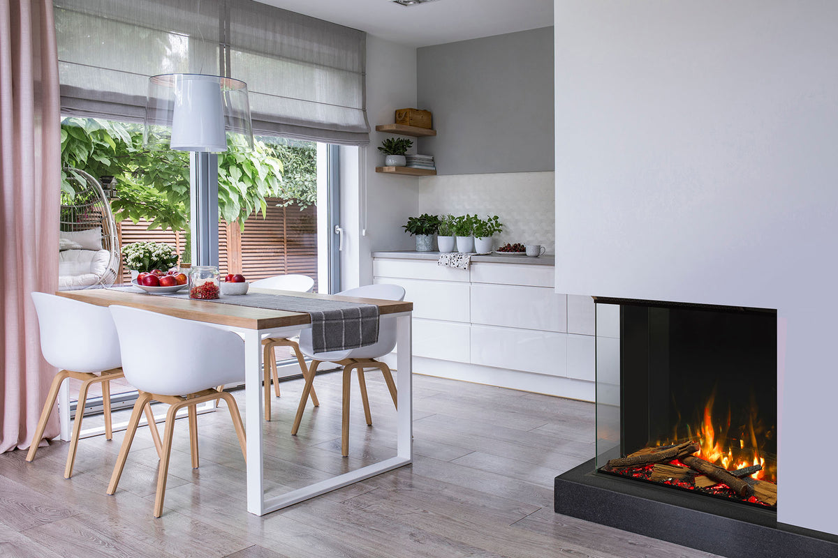 Solus VS75 electric fire with a glass left side in a white kitchen partition