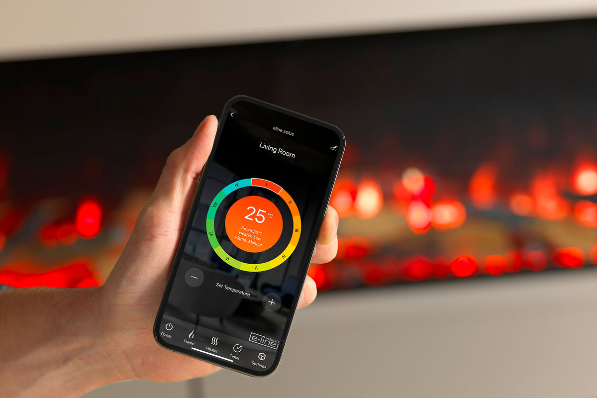Solus electric fire app on a phone showing temperature, flame, heater and timer controls