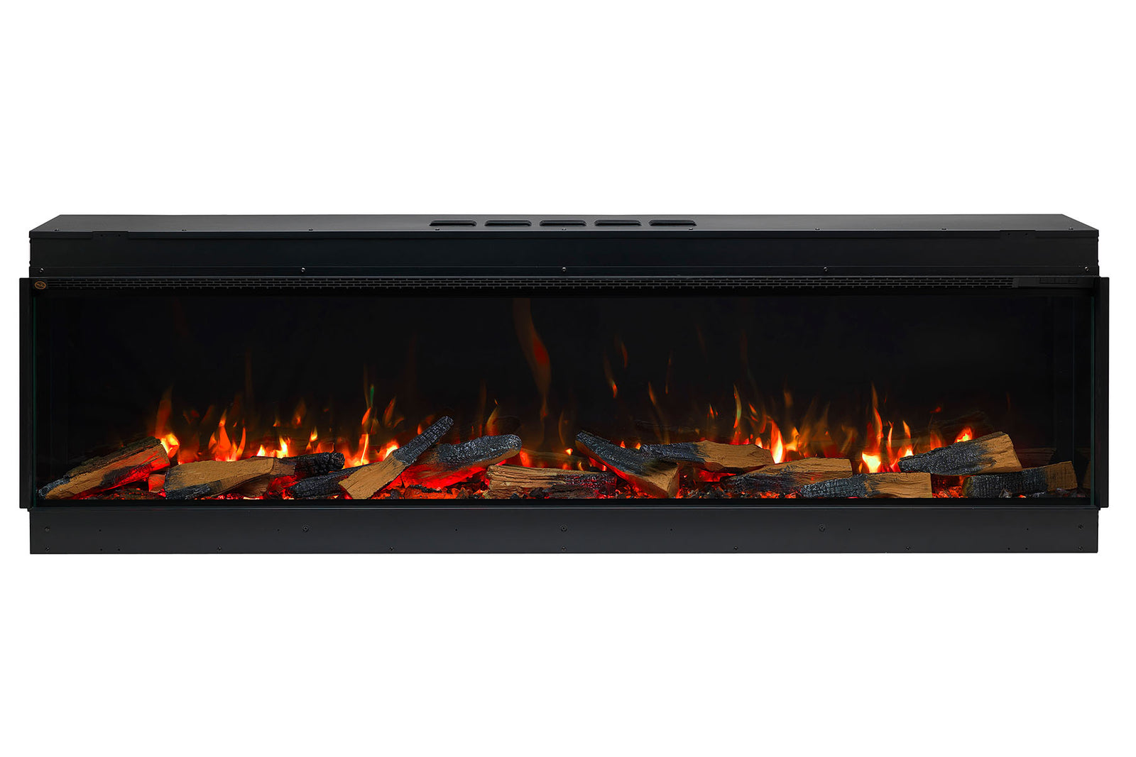 Front view of the Solus VS180 electric fire with orange flames above a glowing log bed