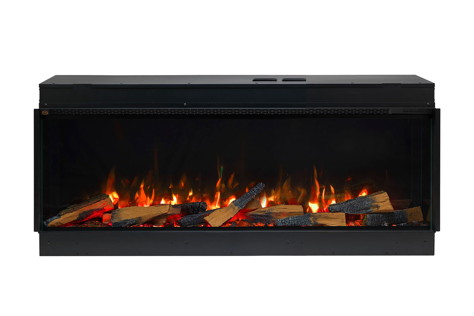 Front view of the Solus VS130 electric fire with orange flames and a glowing log bed