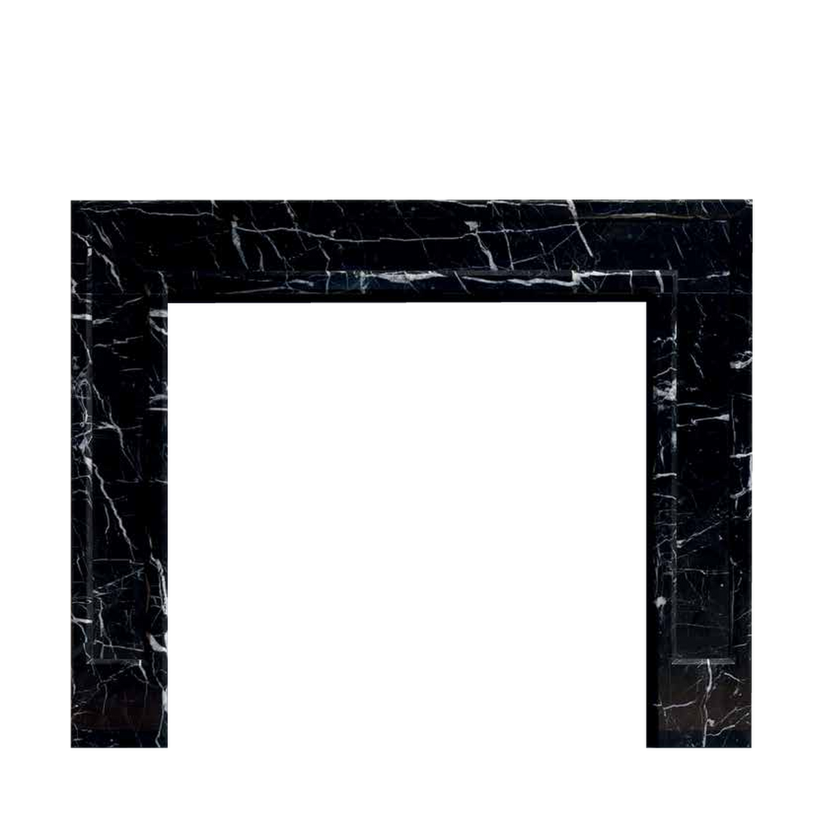 Penman Allora fireplace mantel in Nero marble on a clear background.