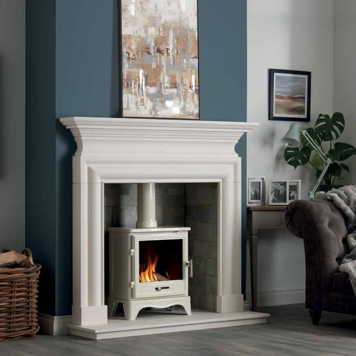 Penman Avellino Agean limestone fireplace mantel, shown in a room setting