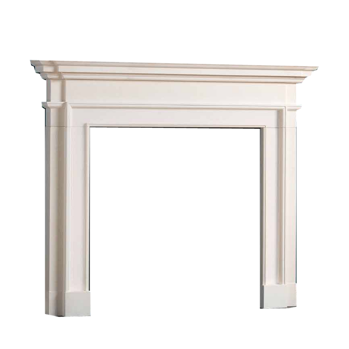 Penman Aversa fireplace mantel in Agean limestone, 1475 mm shelf on a clear background; mantel only.