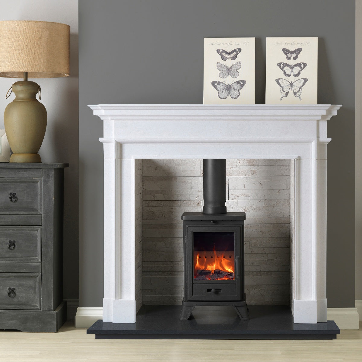 Penman Aversa Agean limestone fireplace mantel with a 1310 mm shelf, shown in a room setting