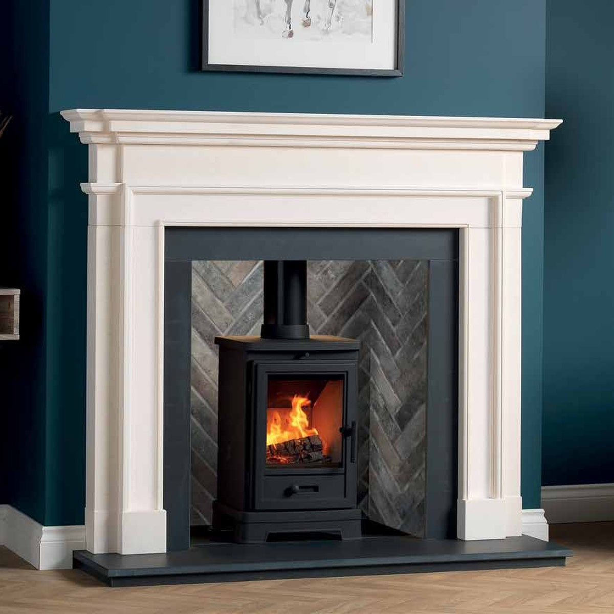 Penman Aversa Agean limestone fireplace mantel with a 1475 mm shelf, shown in a room setting