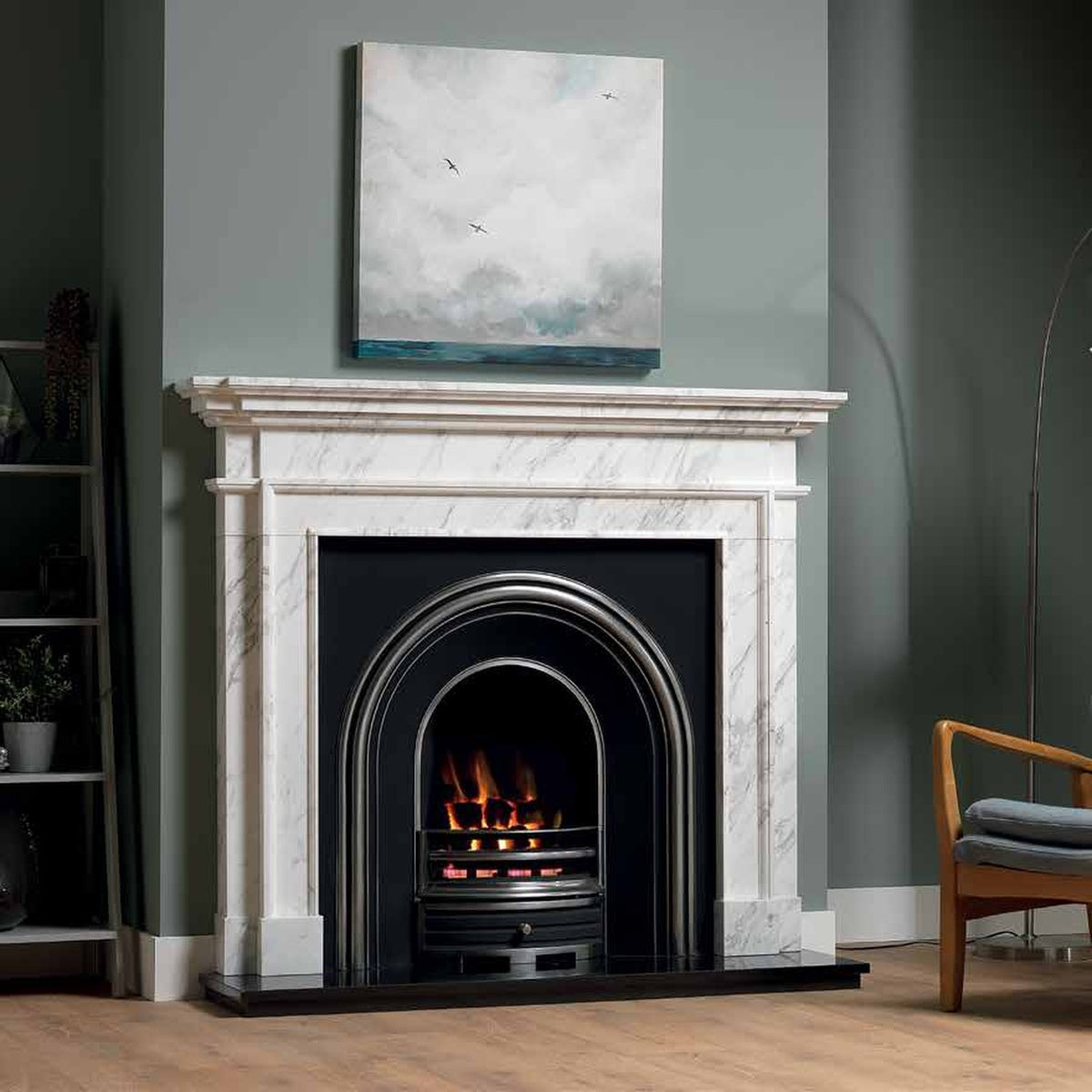 Penman Aversa Kallos marble fireplace mantel, shown in a room setting