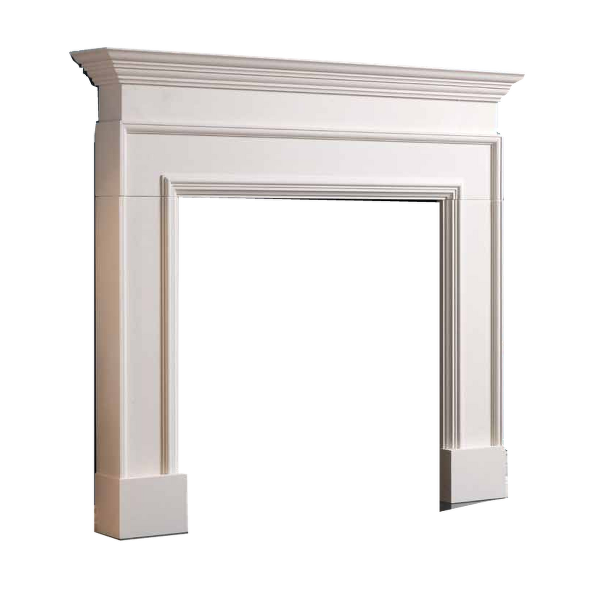 Penman Cortese fireplace mantel in Agean limestone on a clear background; mantel only.