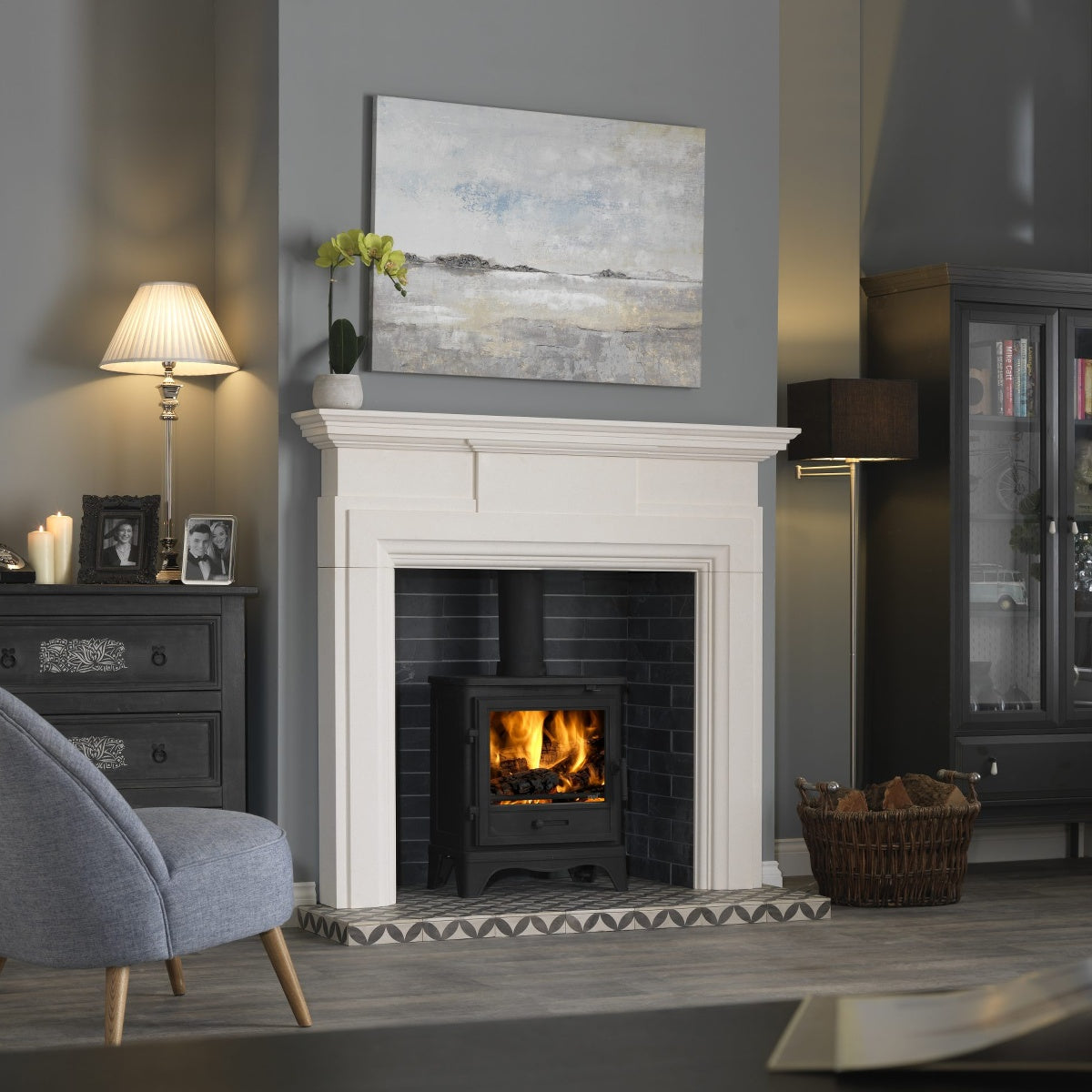 Penman Hadley Agean limestone fireplace mantel, shown in a room setting