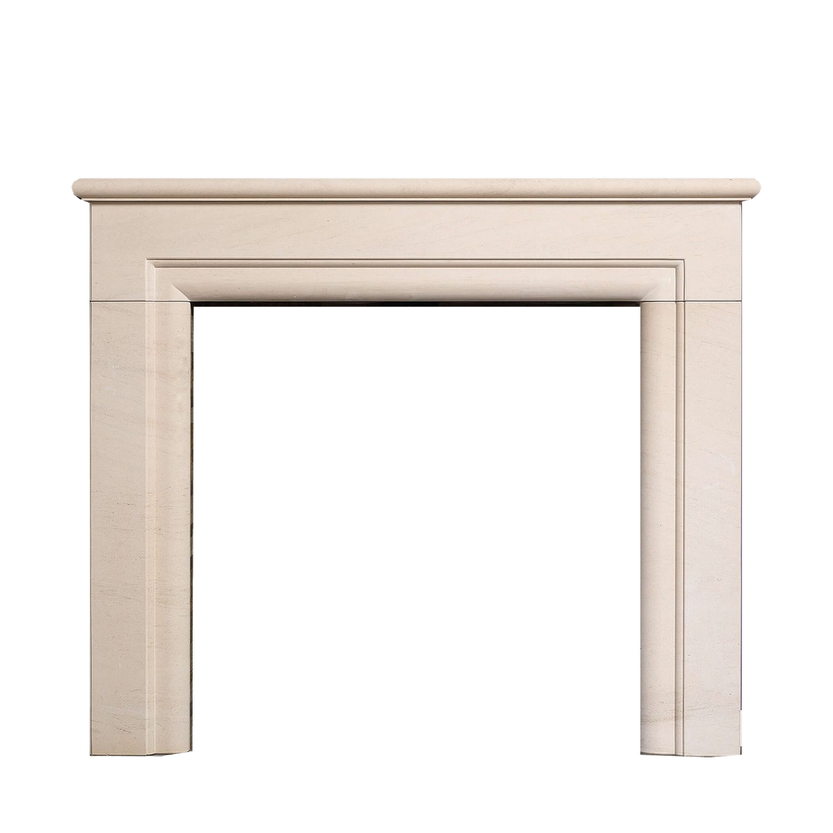 Penman Monza fireplace mantel in Portuguese limestone on a clear background; mantel only.