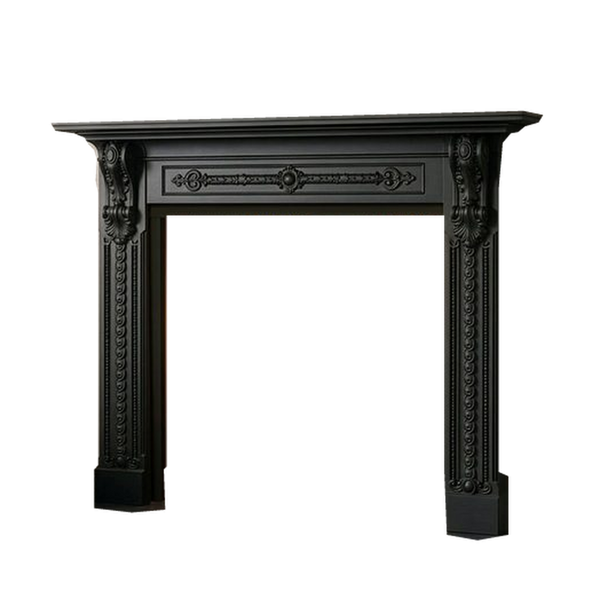 Penman Newport fireplace mantel in Black cast iron on a clear background; mantel only.