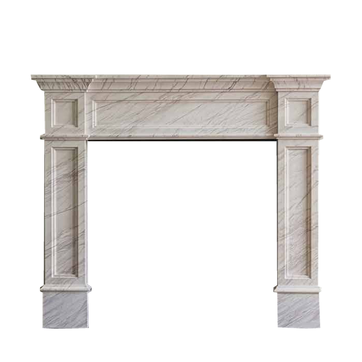 Penman Strathmore fireplace mantel in Kallos marble on a clear background; mantel only.