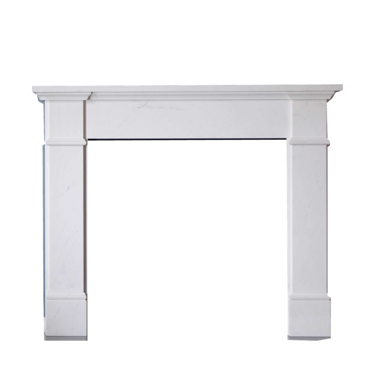 Penman Velletri fireplace mantel in Clara Pura marble on a clear background; mantel only.
