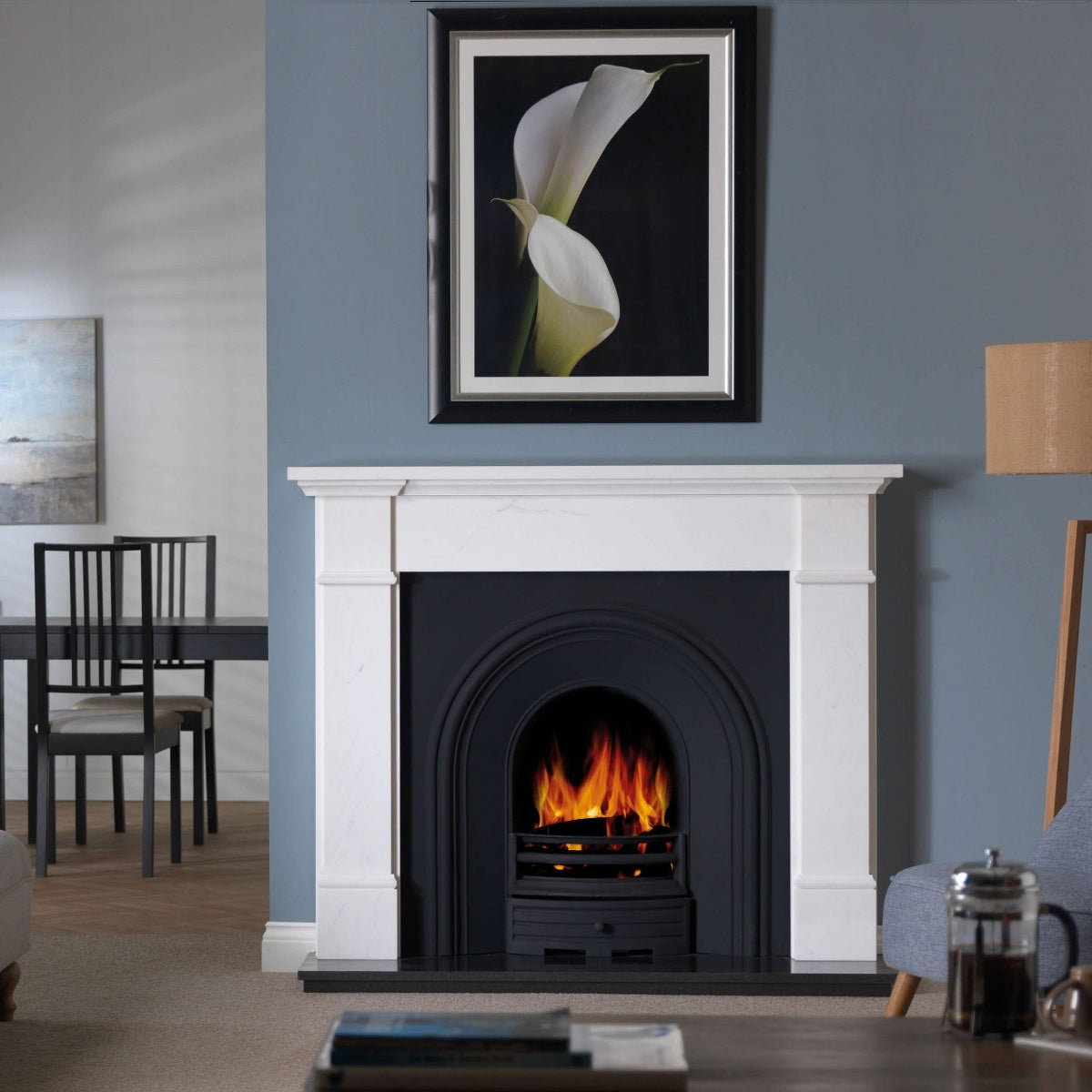 Penman Velletri Clara Pura marble fireplace mantel, shown in a room setting