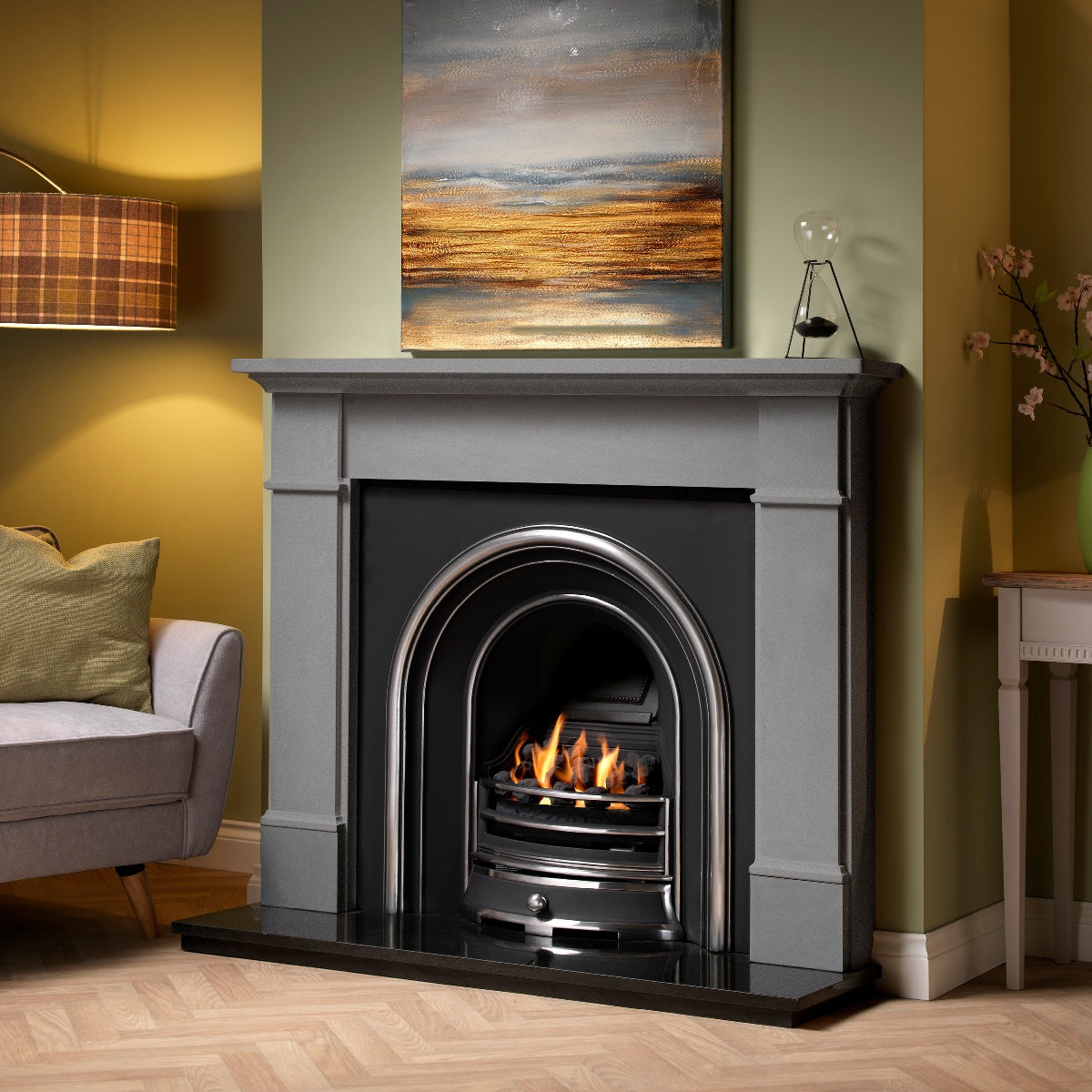 Penman Velletri Persian limestone fireplace mantel, shown in a room setting