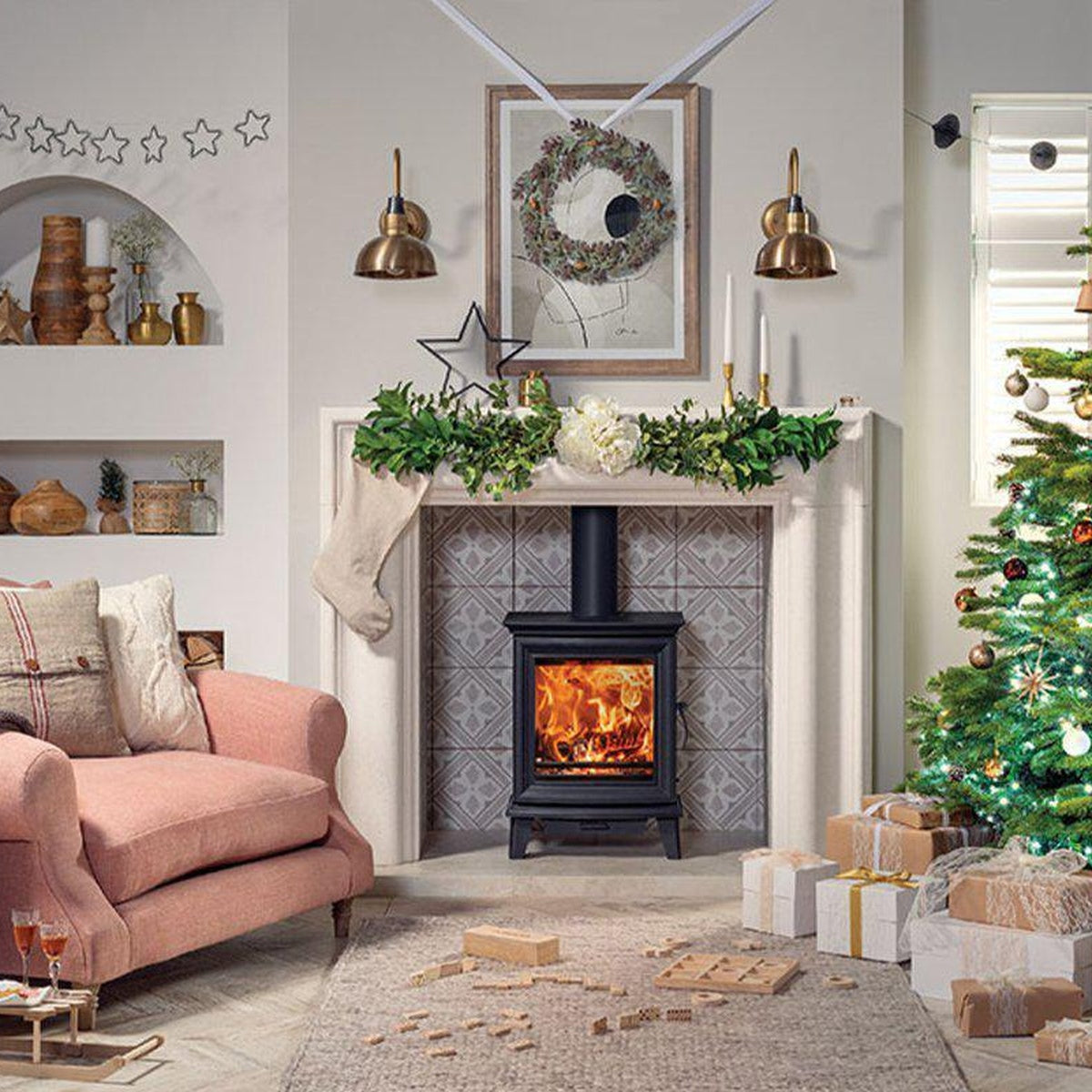 Stovax Chesterfield 5 stove in a festive fireplace setting