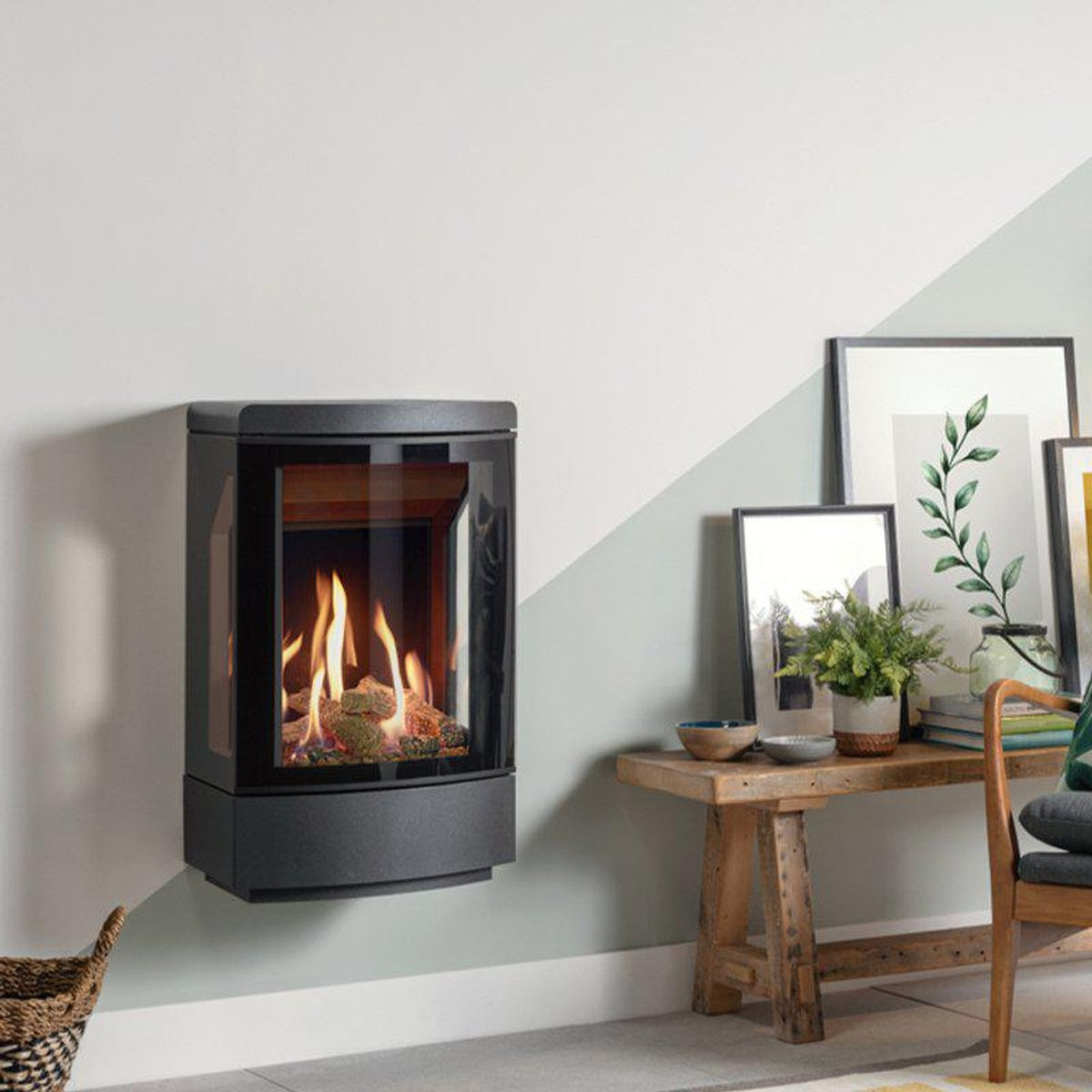 Gazco Loft wall-mounted gas stove beside an upholstered chair