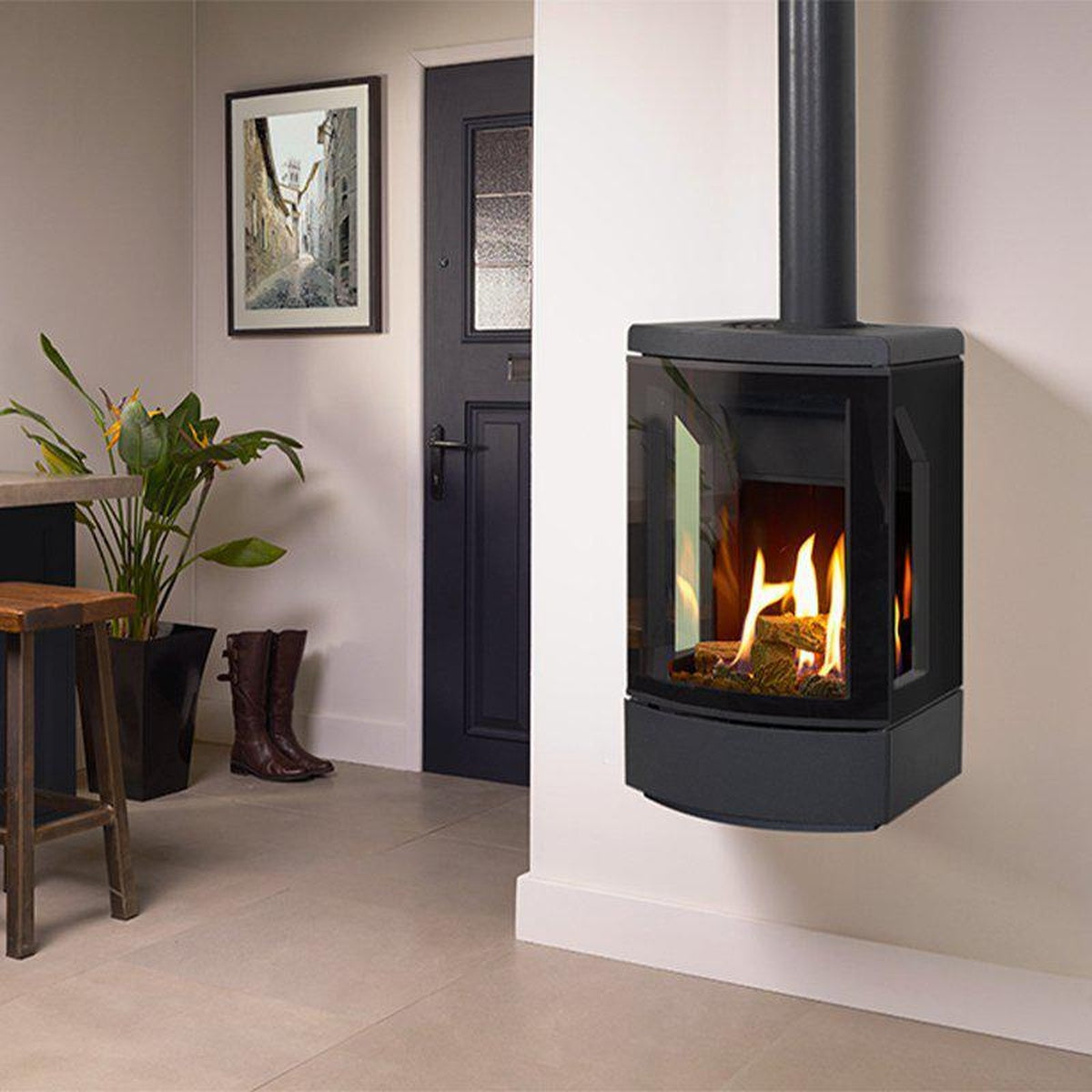 Gazco Loft wall-mounted gas stove in a dining area