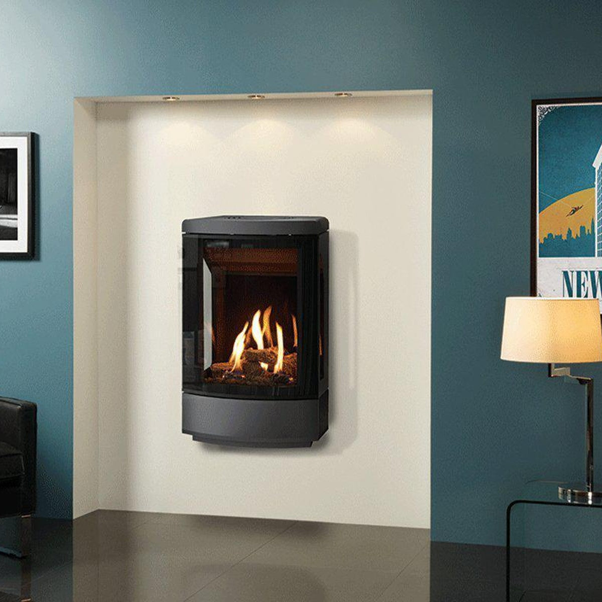 Gazco Loft wall-mounted gas stove in a lit wall recess