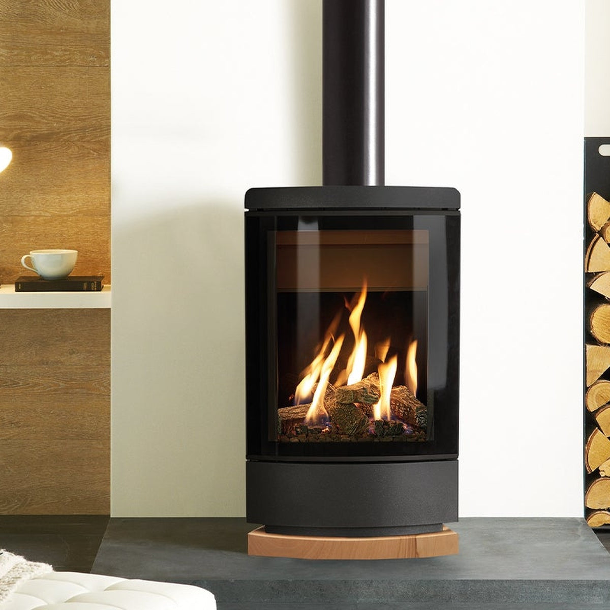 Gazco Loft gas stove with a woodgrain plinth