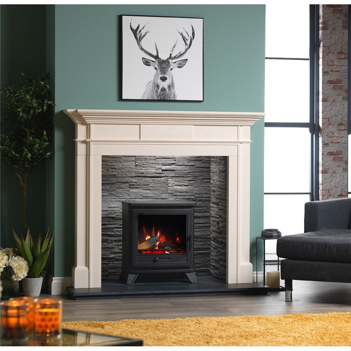 Penman Bassington Electric Stove in a fireplace setting