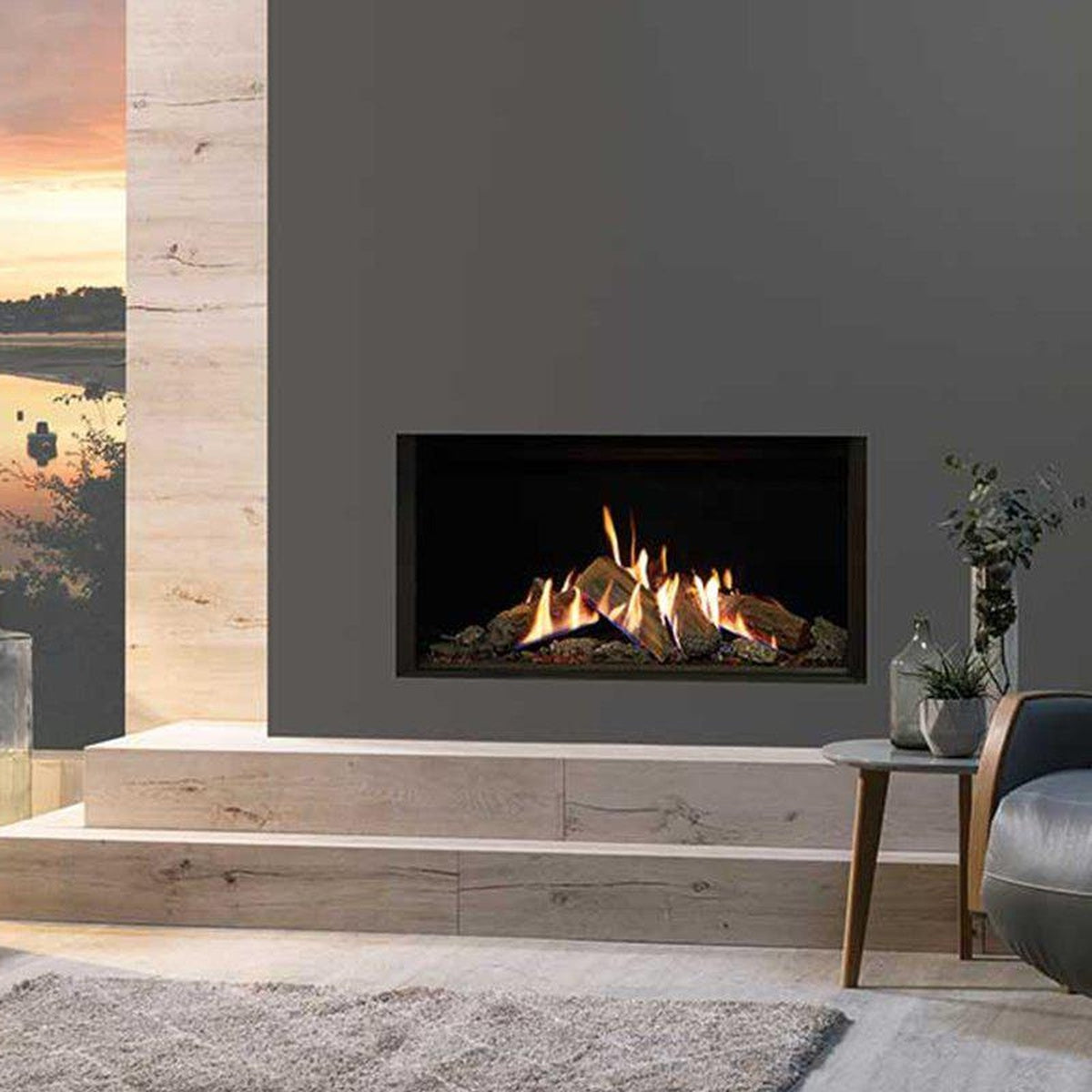 Gazco Reflex 105 Edge gas fire in a grey wall beside a large window