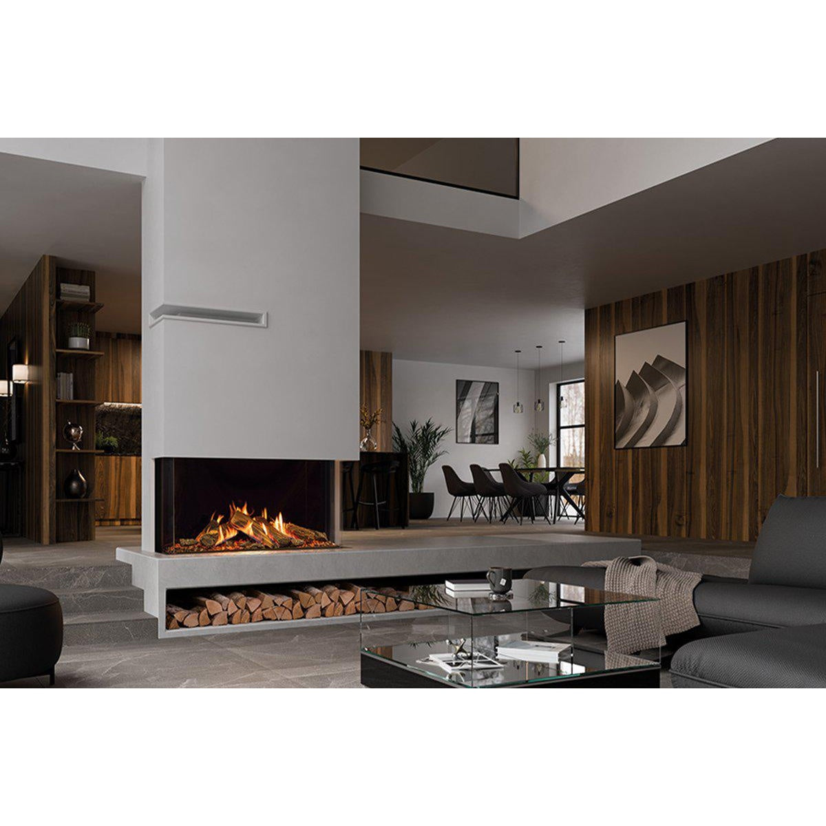 Gazco Reflex 105 Multi-sided gas fire in a central room divider above a long log-store bench