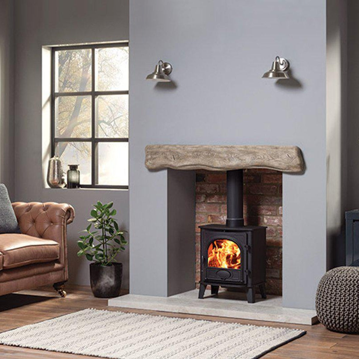 Stovax Stockton 5 Matt Black woodburning stove with rustic stone mantel
