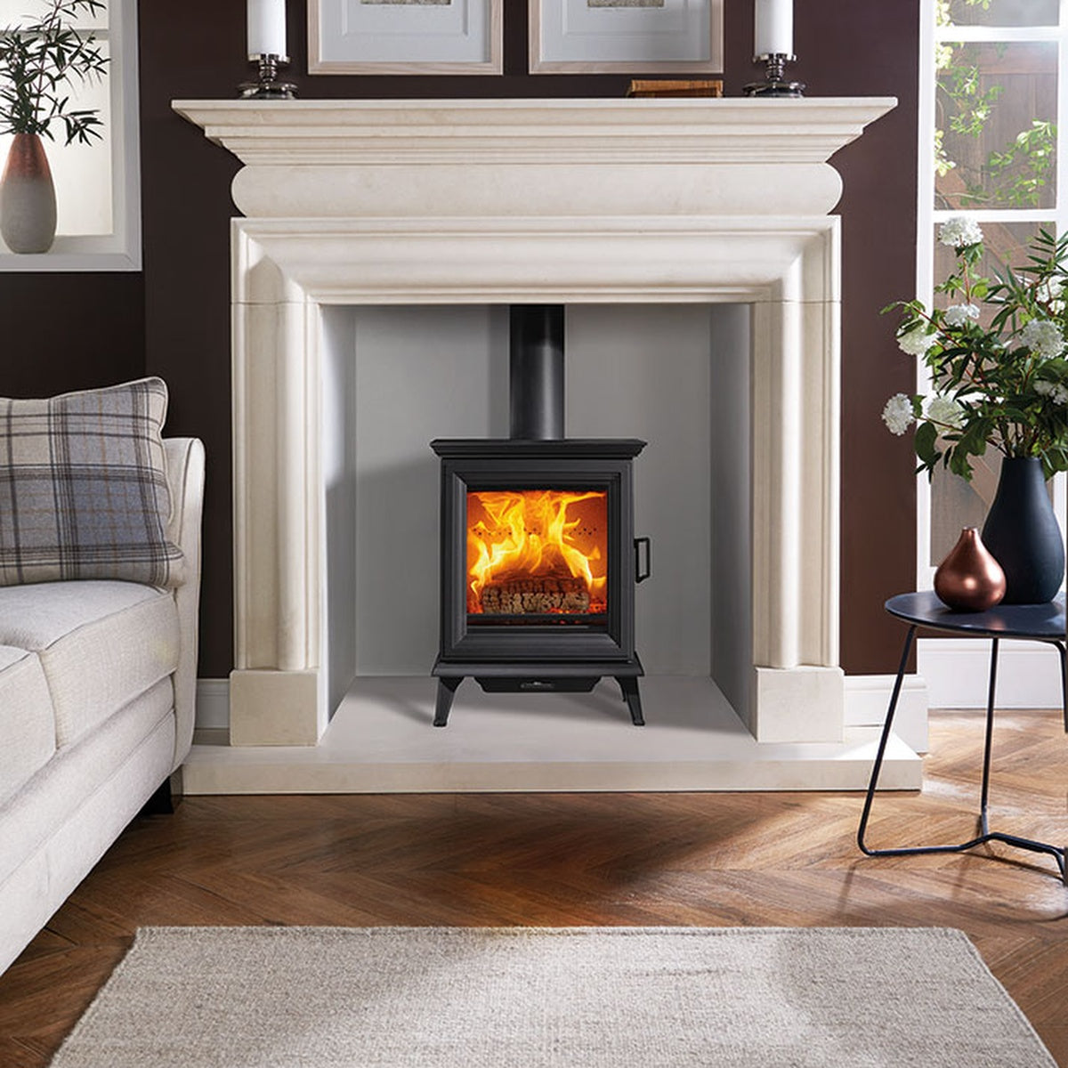 Stovax Cavendish Bolection natural limestone mantel shown with a separately supplied Sheraton 5 stove and hearth