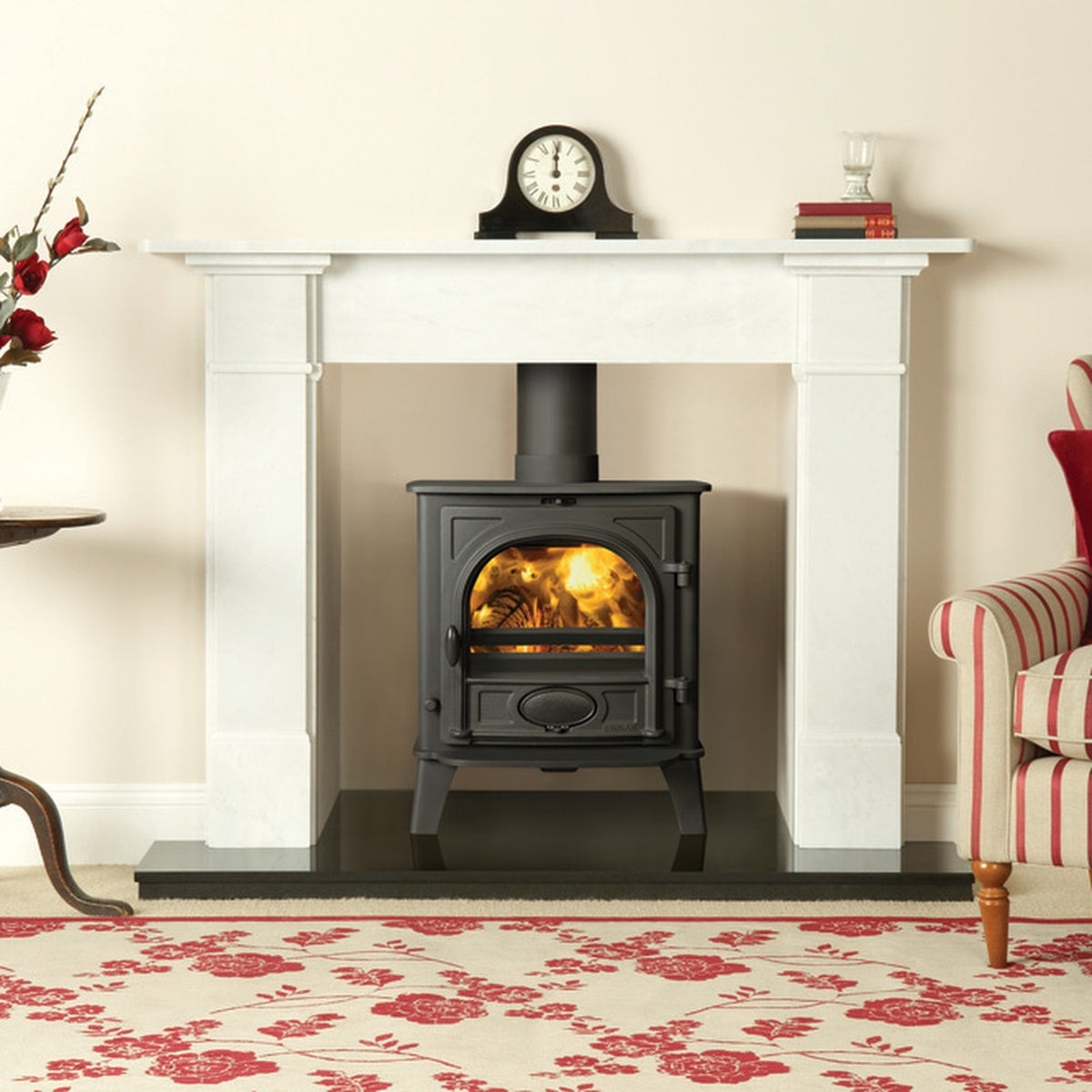 Stovax Claremont natural limestone mantel shown with a separately supplied Stockton 5 stove and hearth