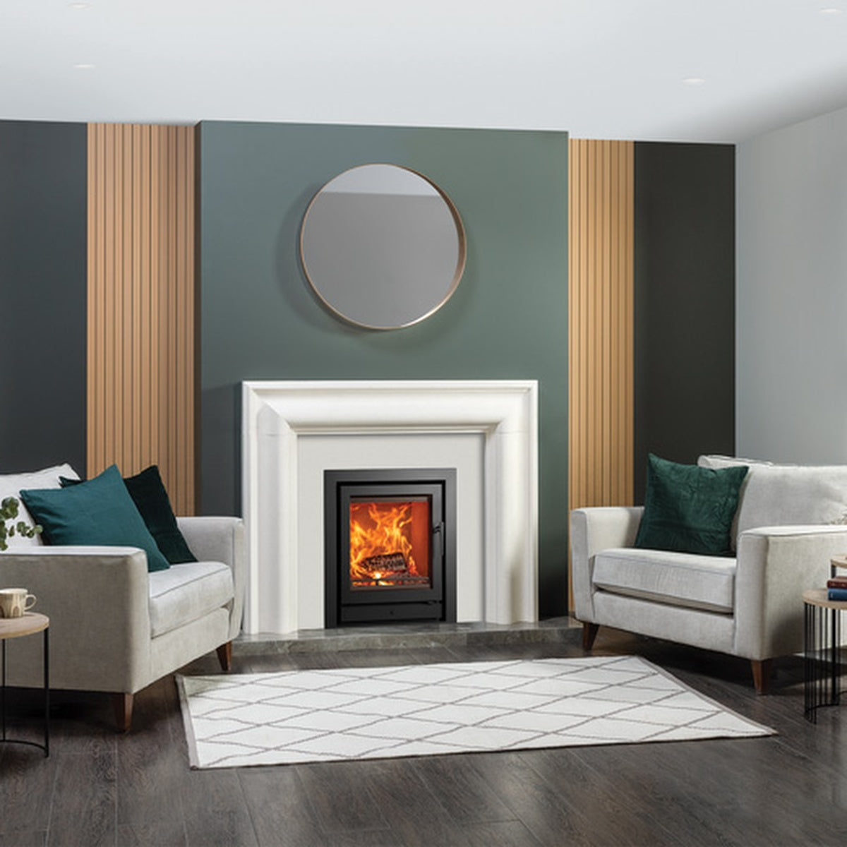 Stovax Grafton natural limestone mantel shown with a separately supplied Riva2 55 inset fire, frame and hearth
