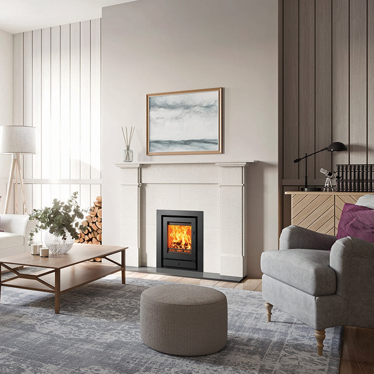 Stovax Riva2 40 inset fire with Profil 3-sided frame in Claremont Limestone Mantel — The Stove Yard