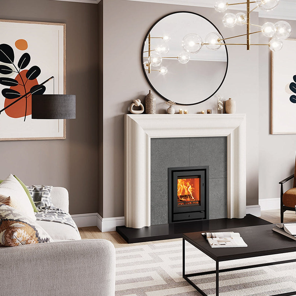Stovax Riva2 40 inset fire with Profil XS 3-sided frame in Grafton Limestone Mantel — The Stove Yard