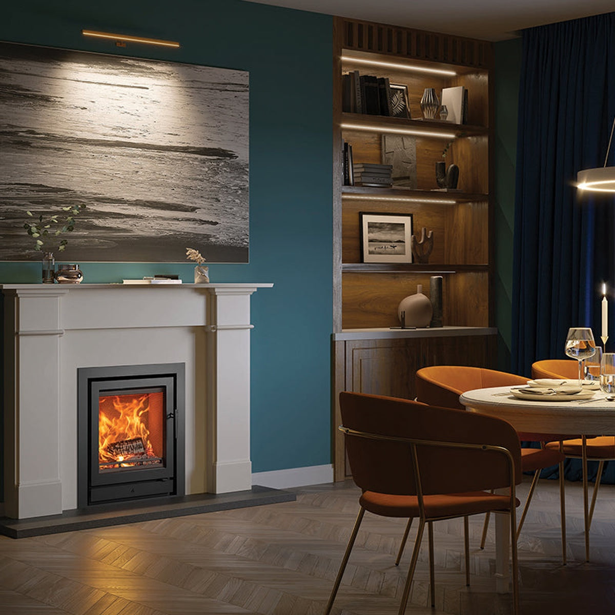 Stovax Riva2 55 inset fire with Profil 3-sided frame in Claremont Limestone Mantel — The Stove Yard