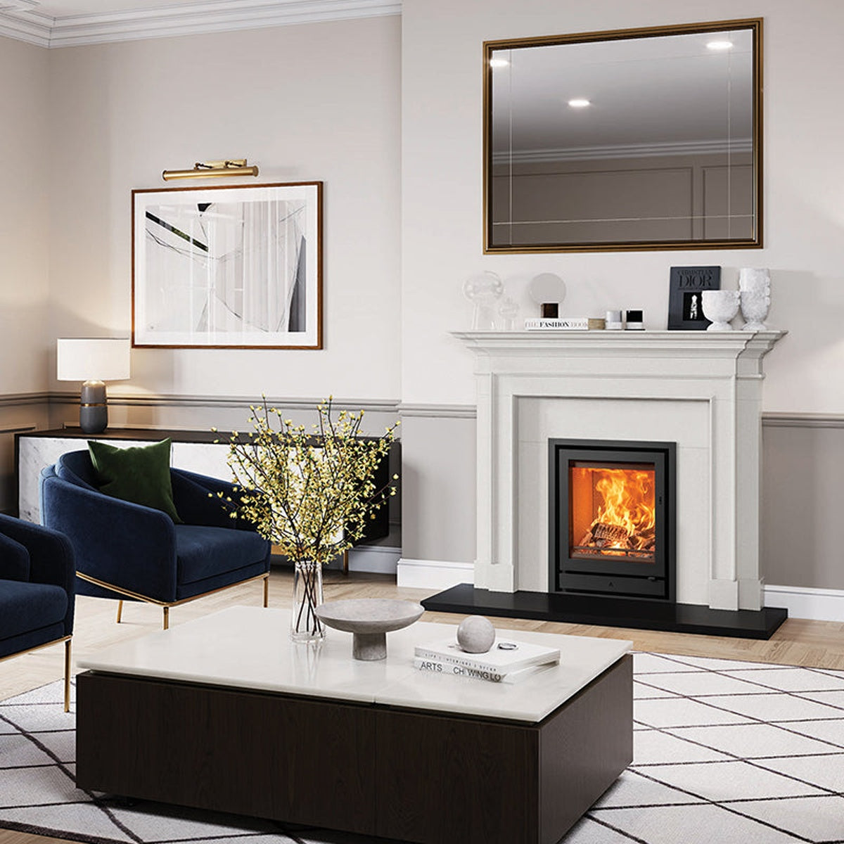 Stovax Riva2 55 inset fire with Profil XS 3-sided frame in a Sandringham Limestone Mantel — The Stove Yard