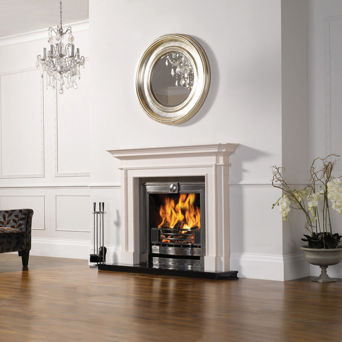 Stovax Sandringham natural limestone mantel shown with a separately supplied Kensington insert and hearth