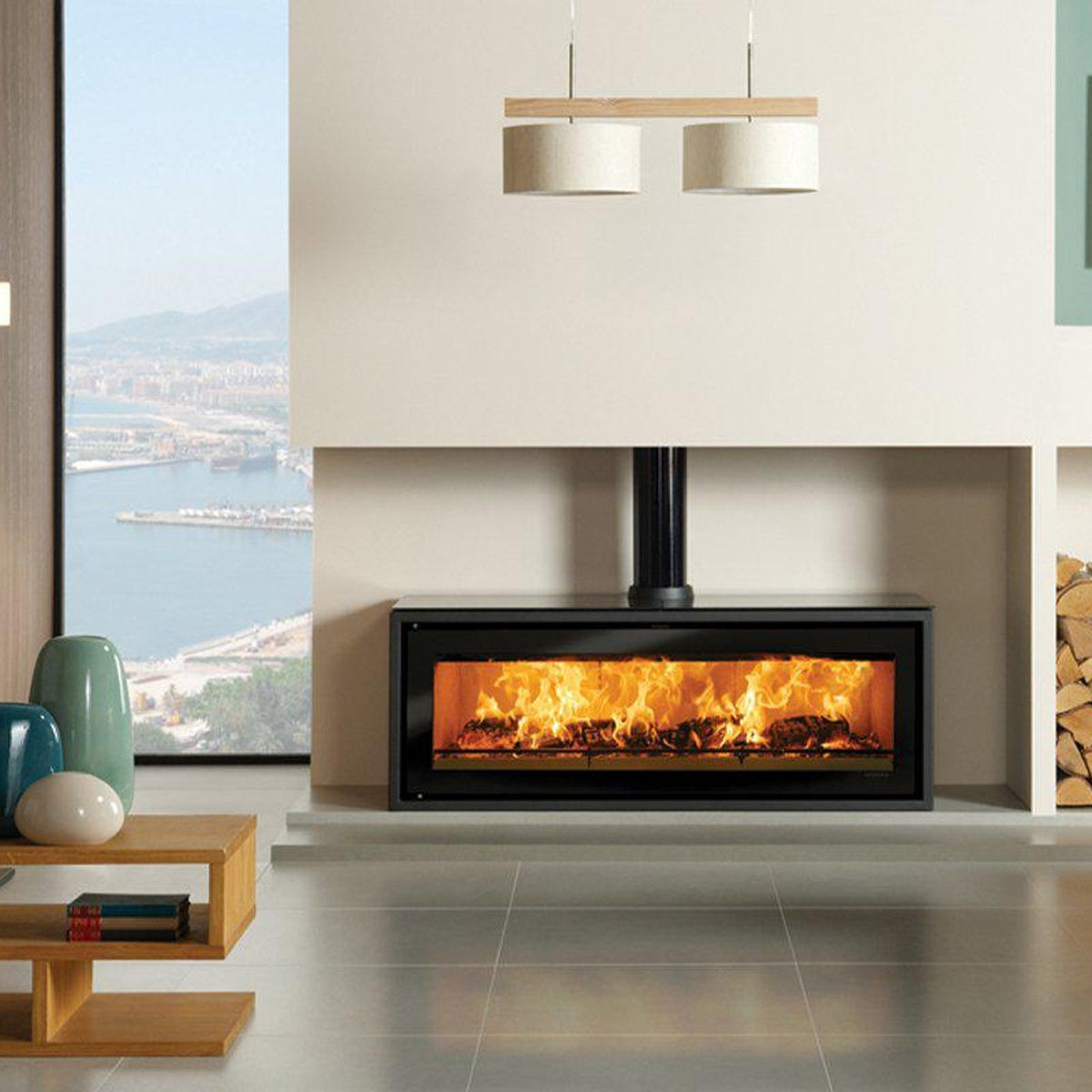Stovax Studio 3 Freestanding wood burning stove shown with decorative black flue ring cover. — The Stove Yard